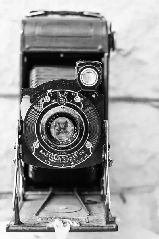 Gros plan en noir et blanc d’un appareil photo vintage.